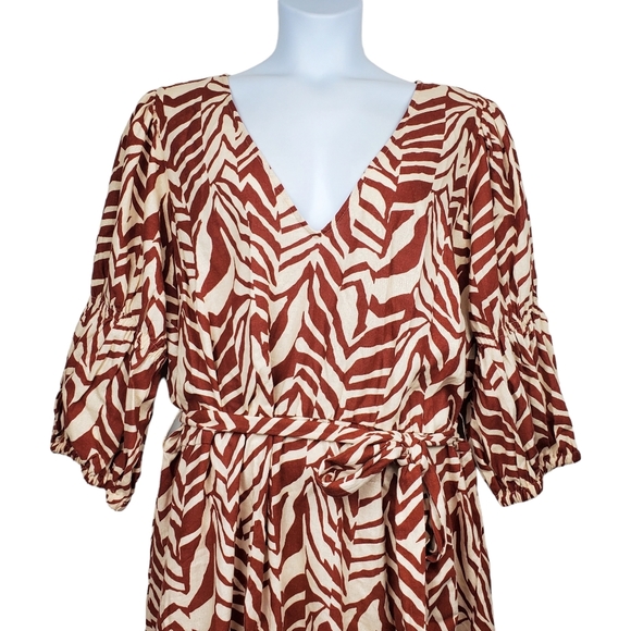 Eloquii Womens Puff Sleeve Ivory Rust Brown Animal Print Linen Dress Size 26 NWT - Picture 2 of 8